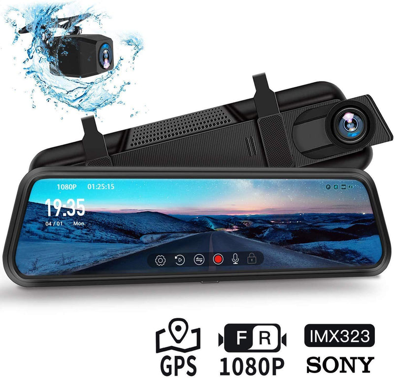 Dash Cam, DuDuBell 10" Mirror Dash Cam with Reverse Assistance, Backup Camera Dual 1080P External GPS, Front and Sony IMX323 Rear Camera with Night Vision IPS Touch Screen Wide Angle HDR+