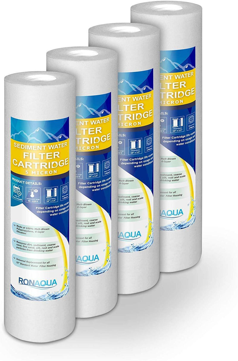 Sediment Water Filter Cartridge by Ronaqua 10"x 2.5", Four Layers of Filtration, Removes Sand, Dirt, Silt, Rust, made from Polypropylene (50 Pack, 5 Microns)