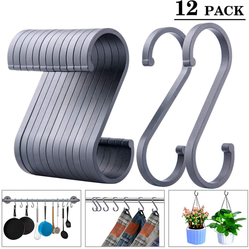 ACMETOP S Hooks, 12 Pack Aluminum S Shaped Hooks, Matte Finish S Hooks for Hanging Pots and Pans, Plants, Coffee Cups, Clothes, Towels in Kitchen, Bedroom, Bathroom, Office and Garden（Matte Silver）