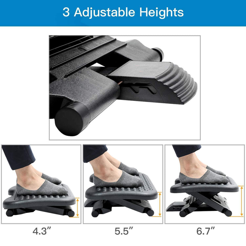 Adjustable Under Desk Footrest - Ergonomic Foot Rest with 3 Height Position - 30 Degree Tilt Angle Adjustment for Home & Office - Non-Skid Massage Surface Texture Improves Posture & Circulation