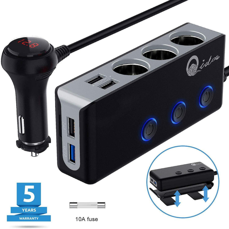 3-Socket Cigarette Lighter Quick Charge 3.0, Qidoe 120W 12V/24V Car Splitter and Three 2.4A USB Car Charger & LED Voltmeter Power Switch for GPS, Dash Cam, Sat Nav, Phone, iPad, Tablet (Blue)