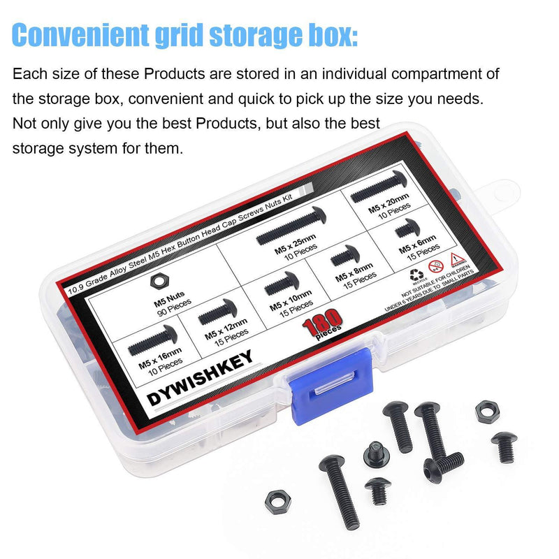 DYWISHKEY 180 Pieces M5 x 6mm/8mm/10mm/12mm/16mm/20mm/25mm, 10.9 Grade Alloy Steel Hex Button Head Cap Bolts Nuts Kit with Hex Wrench