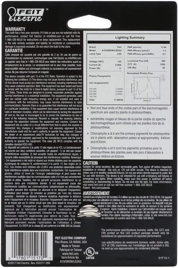 Feit Electric A19/GROW/LEDG2/4 60W Equivalent 9W Indoor and Outdoor Full Non-Dimmable