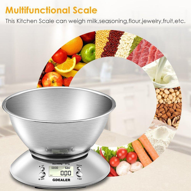 GDEALER Digital Kitchen Scale 11lb/5kg Accuracy Food Scale Multifunction Kitchen Scale with Bowl, Stainless Steel, 2.15L Liquid Volume, Alarm Timer, Temperature, Backlight LCD Display