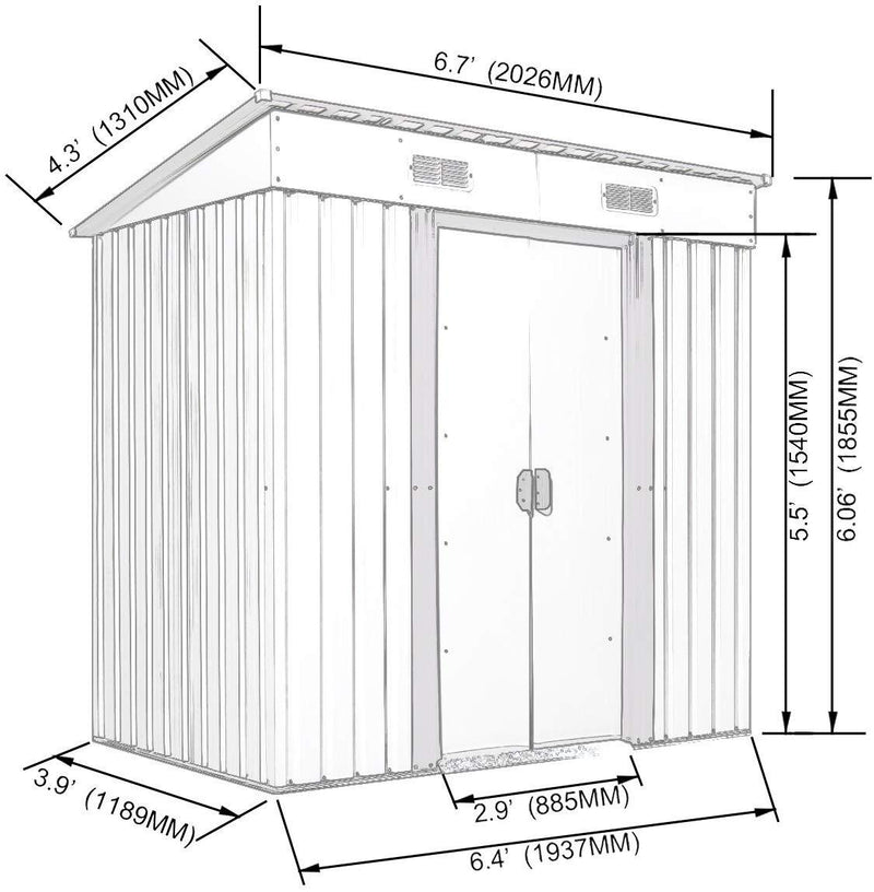 Sandinrayli Outdoor Steel Garden Utility Tool Shed Storage Backyard Lawn Building Garage Sliding Door 4' x 6'