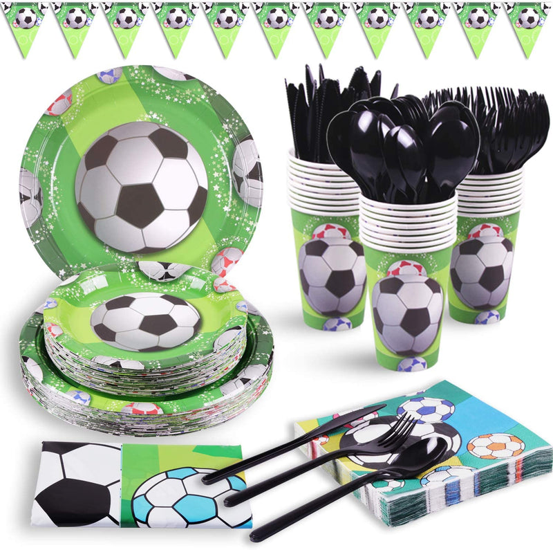 Duocute Soccer Party Supplies 177PCS Sports Theme Children Birthday Disposable Dinnerware Set Includes Plates, 12oz Cups, Napkins, Spoons, Forks, Knives, Tablecloth and Banner, Serves 25