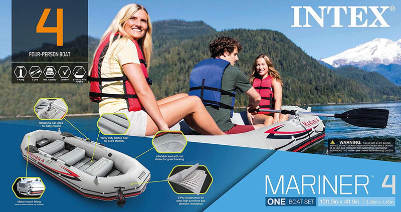 Intex Mariner 4, 4-Person Inflatable Boat Set with Aluminum Oars and High Output Air Pump (Latest Model)