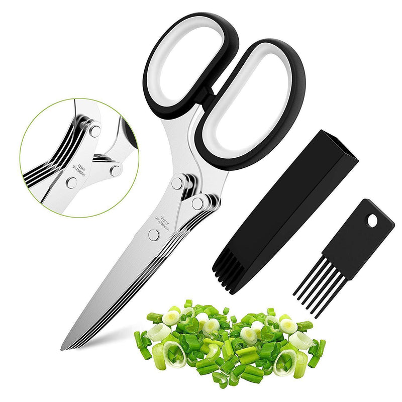 Herb Scissors Set with 5 Multi Stainless Steel Blades, Safe Cover and Cleaning Comb, Multipurpose Kitchen Chopping Shear, Mincer, Sharp Dishwasher Safe Kitchen Gadget, Culinary Cutter Chopper, Green