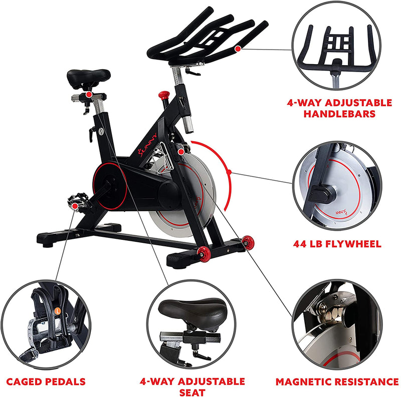 Sunny Health & Fitness Magnetic Belt Drive Indoor Cycling Bike with 44 lb Flywheel and Large Device Holder