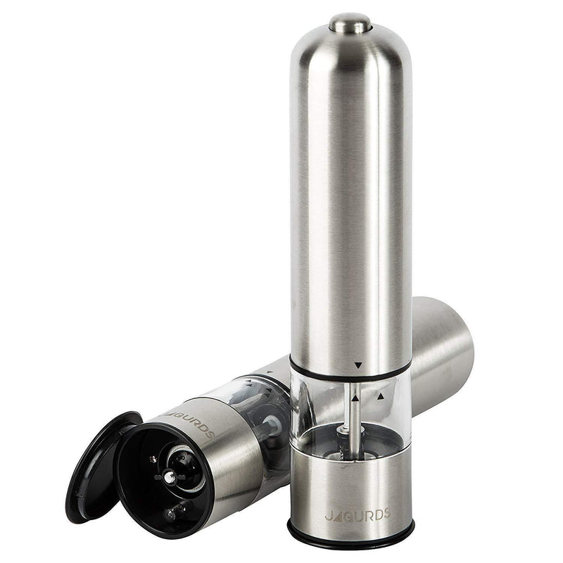 Electric Salt and Pepper Grinder Set - Automatic, Refillable, Battery Operated Stainless Steel Spice Mills with Light - One Handed Push Button Peppercorn Grinders and Sea Salt Mills by JAGURDS