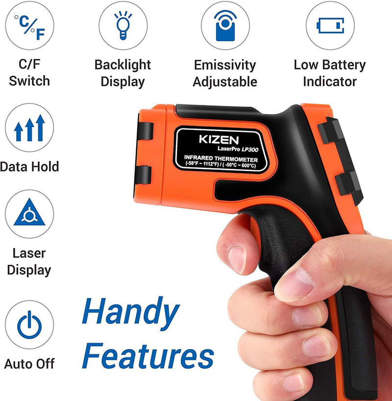 Kizen LaserPro LP300 Infrared Thermometer Non-Contact Digital Laser Temperature Gun with LCD Display -58℉～1112℉(-50℃～600℃) Adjustable Emissivity