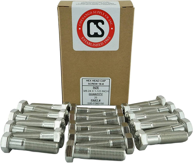 Stainless 3/8-24 x 3" Hex Head Bolts (3/4" to 5" Length in Listing), 304 Stainless Steel, SAE Fine Thread, 25 Pieces (3/8-24 x 3")