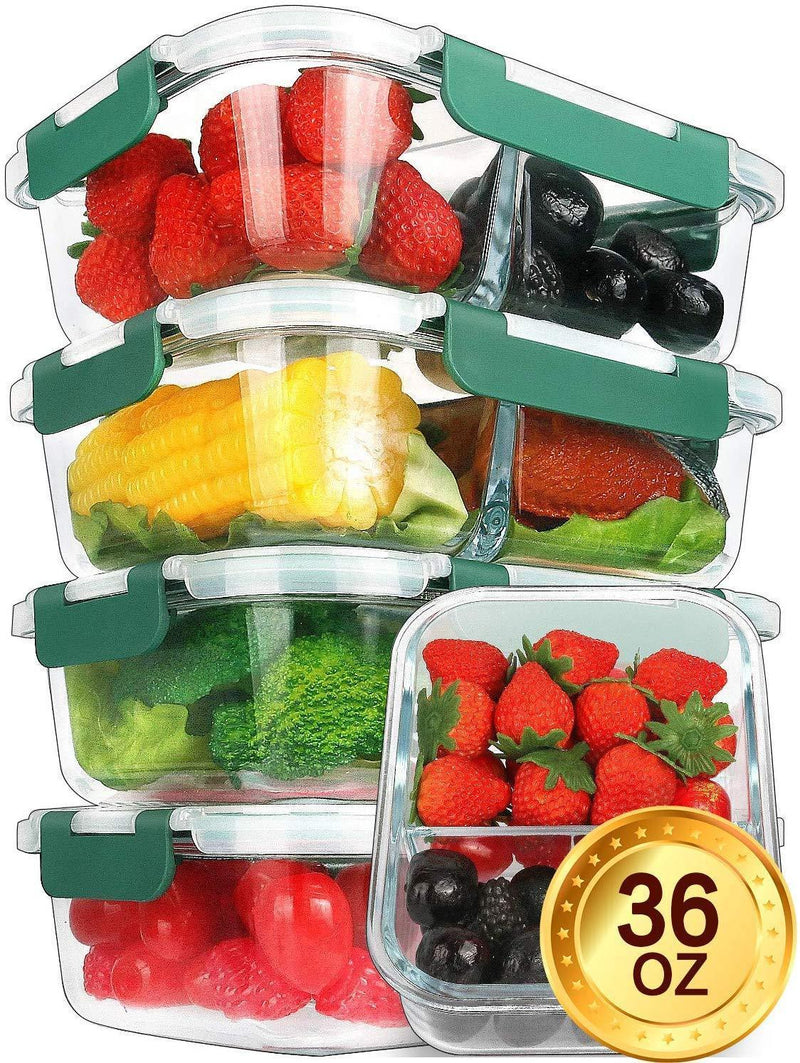 Glass Meal Prep Containers [5-Pack,36oz] - KOMUEE Food Prep Containers with LIFETIME Lids Meal Prep - Glass Food Storage Containers Airtight - Lunch Containers Portion Control Containers - BPA Free