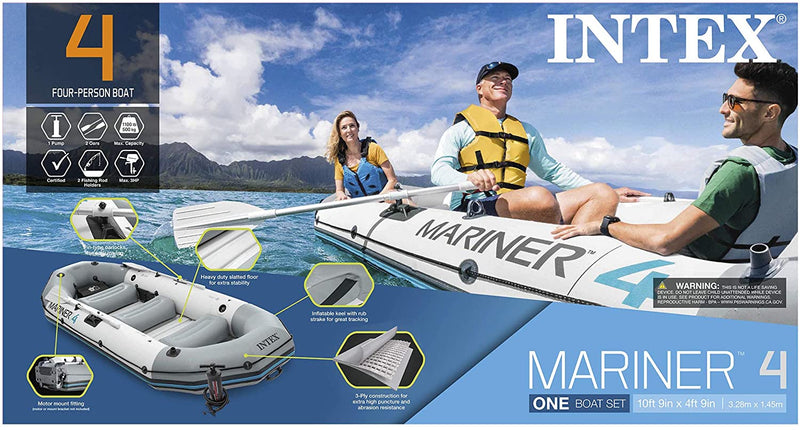 Intex Mariner 4, 4-Person Inflatable Boat Set with Aluminum Oars and High Output Air Pump (Latest Model)