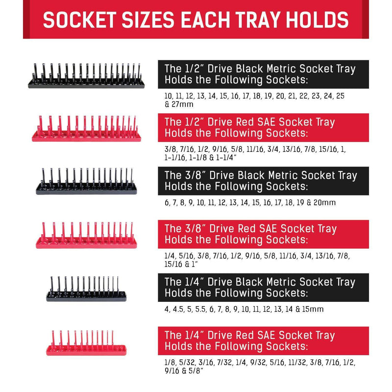 Socket Organizer Trays - 6 Piece SAE & Metric Socket Holder - Socket Tool Set Storage for ¼ inch, ⅜ inch and ½ inch Drive Holder for Mechanics