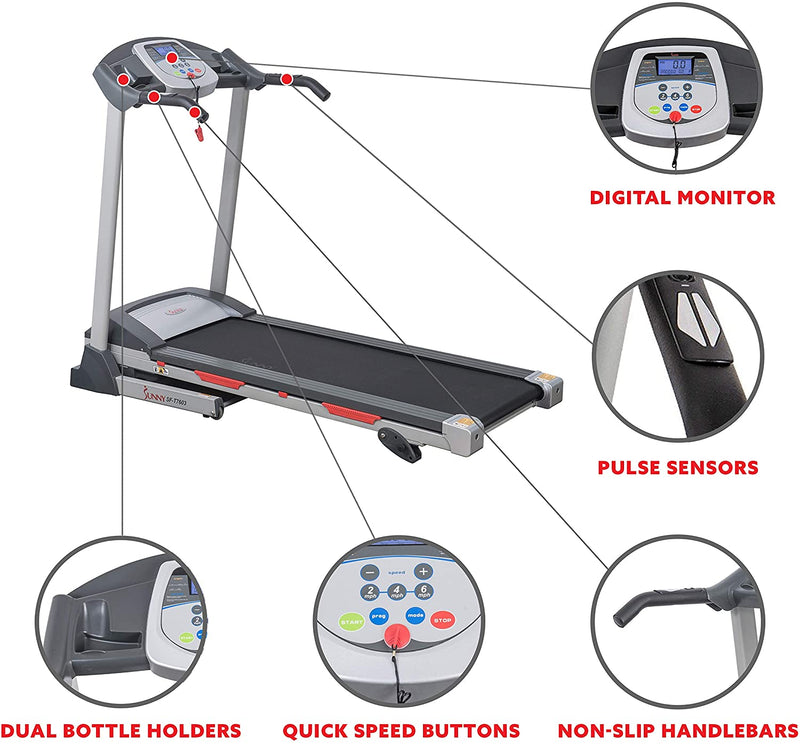 Sunny Health & Fitness SF-T7603 Electric Treadmill w/ 9 Programs, 3 Manual Incline, Easy Handrail Controls & Preset Button Speeds, Soft Drop System