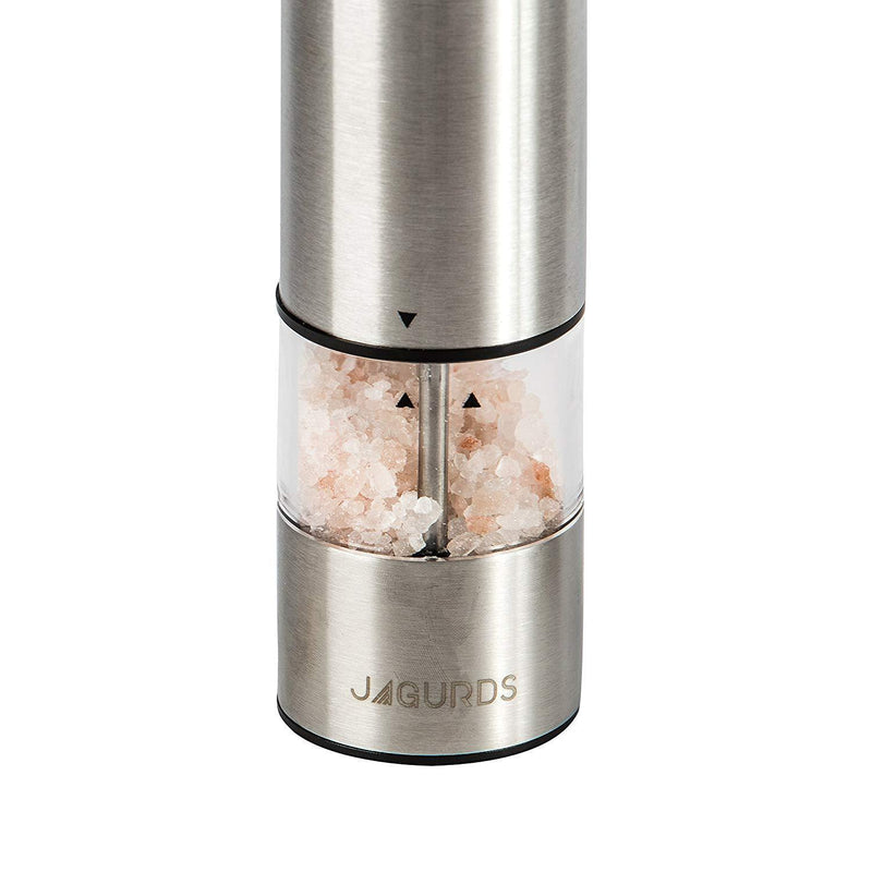 Electric Salt and Pepper Grinder Set - Automatic, Refillable, Battery Operated Stainless Steel Spice Mills with Light - One Handed Push Button Peppercorn Grinders and Sea Salt Mills by JAGURDS