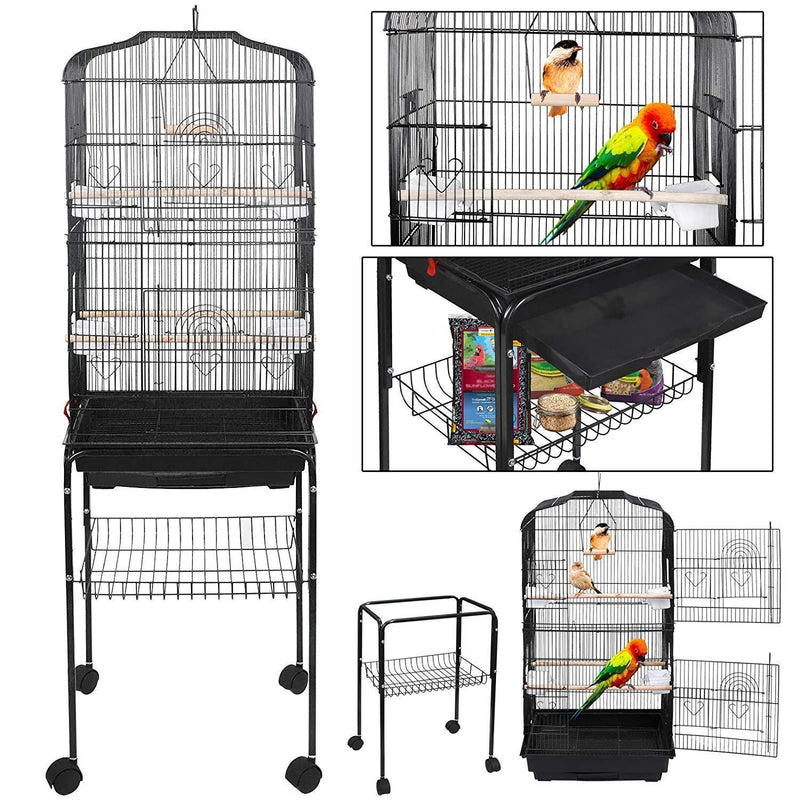 SUPER DEAL 59.3''/53'' Rolling Bird Cage Large Wrought Iron Cage for Cockatiel Sun Conure Parakeet Finch Budgie Lovebird Canary Medium Pet House with Rolling Stand & Storage Shelf