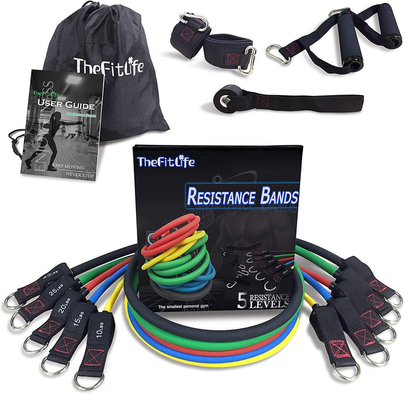 TheFitLife Exercise Resistance Bands with Handles - 5 Fitness Workout Bands Stackable up to 110 lbs, Training Tubes with Large Handles, Ankle Straps, Door Anchor Attachment, Carry Bag and Bonus eBook