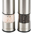 Electric Salt and Pepper Grinder Set - Automatic, Refillable, Battery Operated Stainless Steel Spice Mills with Light - One Handed Push Button Peppercorn Grinders and Sea Salt Mills by JAGURDS