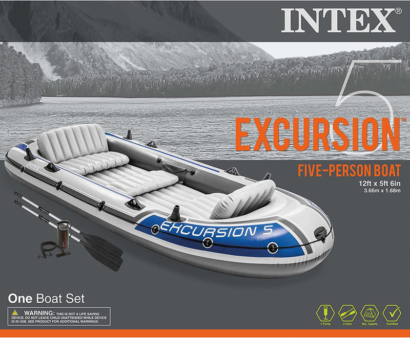 Intex Excursion 5, 5-Person Inflatable Boat Set with Aluminum Oars and High Output Air Pump (Latest Model)