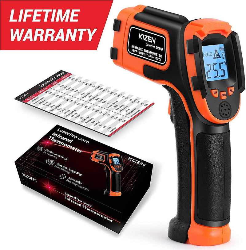 Kizen LaserPro LP300 Infrared Thermometer Non-Contact Digital Laser Temperature Gun with LCD Display -58℉～1112℉(-50℃～600℃) Adjustable Emissivity