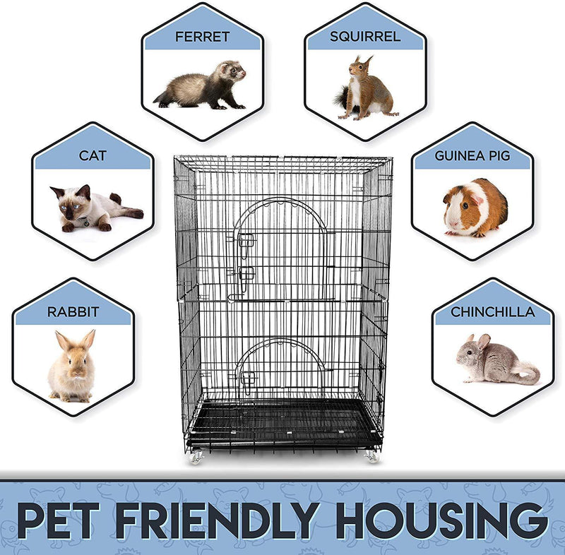 Petsmatig Wire Cat Cage: Spacious Foldable Metal Pet Crate Playpen with 3 Openings, 3 Platforms, 3 Ladders, 1 Hammock, 1 Bottom Tray, 4 Wheels and Free Grooming Gloves