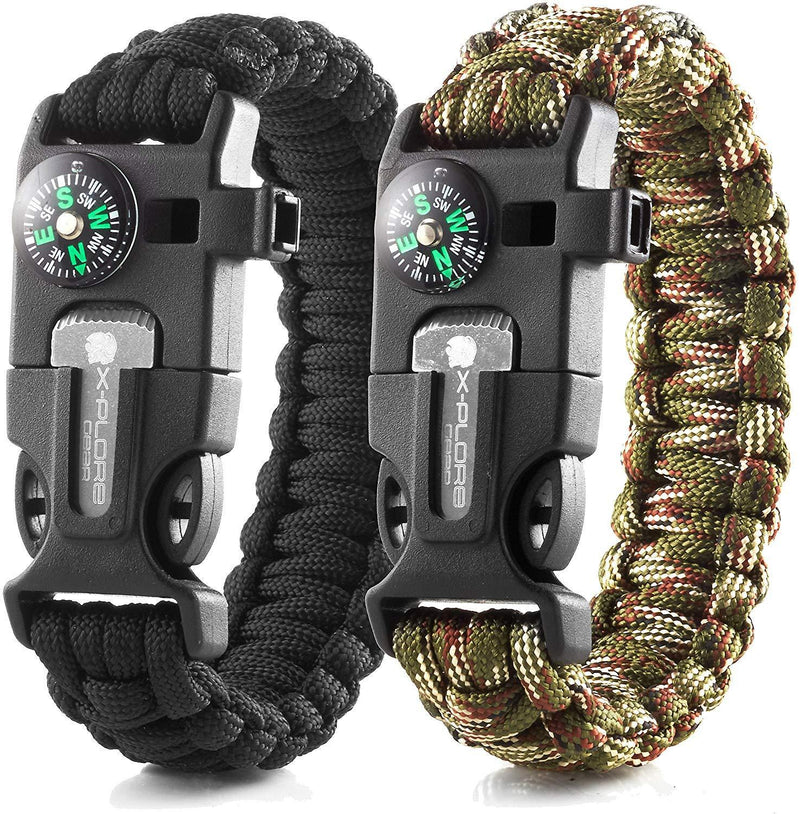 X-Plore Gear Emergency Paracord Bracelets | Set of 2| The Ultimate Tactical Survival Gear| Flint Fire Starter, Whistle, Compass & Scraper | Best Wilderness Survival-Kit for Camping/Fishing & More