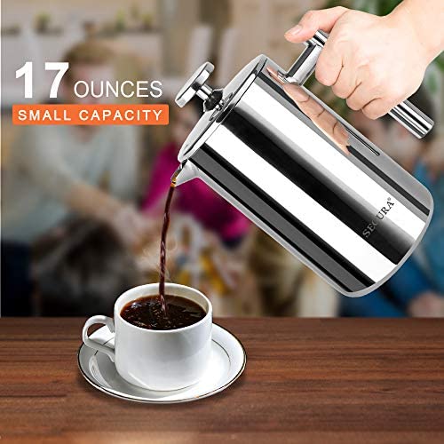 Secura French Press Coffee Maker, 304 Grade Stainless Steel Insulated Coffee Press with 2 Extra Screens, 34oz (1 Litre), Silver