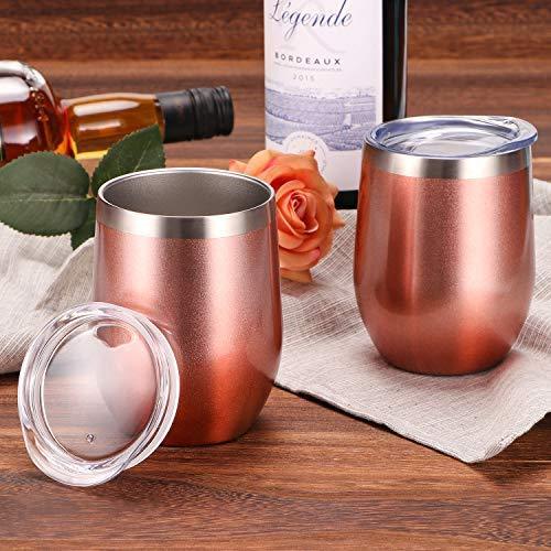 12 oz Double-Insulated Stemless Glass, Stainless Steel Tumbler Cup with Lids for Wine, Coffee, Drinks, Champagne, Cocktails, 2 Sets (Black)