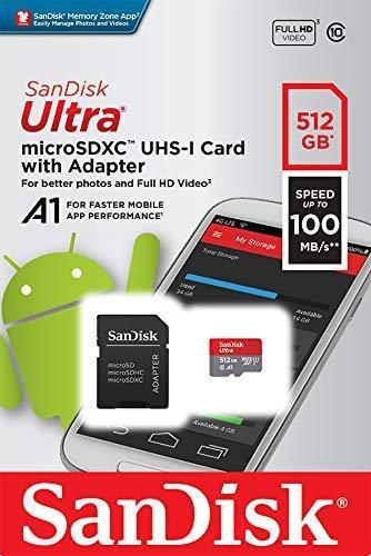 SanDisk 512GB Ultra MicroSDXC UHS-I Memory Card with Adapter - 100MB/s, C10, U1, Full HD, A1, Micro SD Card -  SDSQUAR-512G-GN6MA