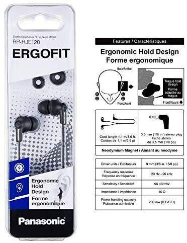 Panasonic ErgoFit In-Ear Earbud Headphones RP-HJE120-K (Black) Dynamic Crystal Clear Sound, Ergonomic Comfort-Fit